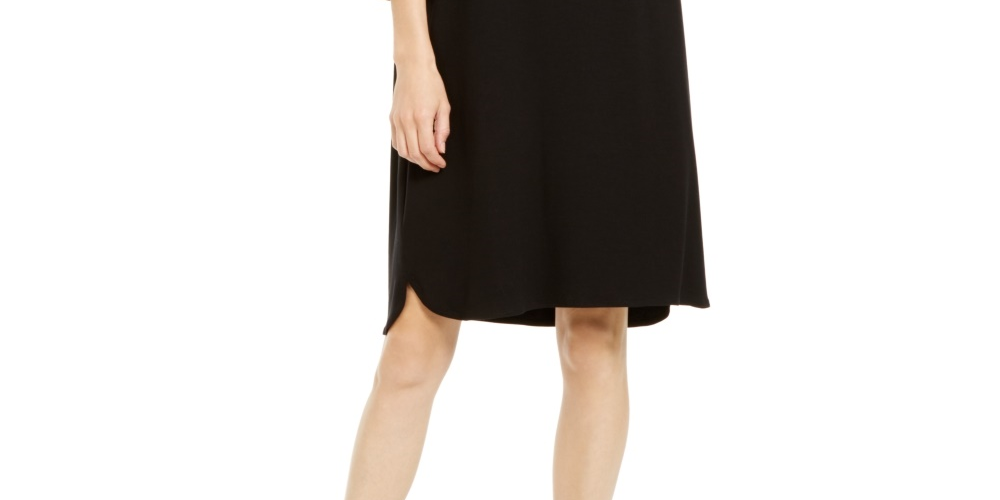 Vestido feminino Eileen Fisher com decote redondo e manga curta, tamanho P, preto, regular