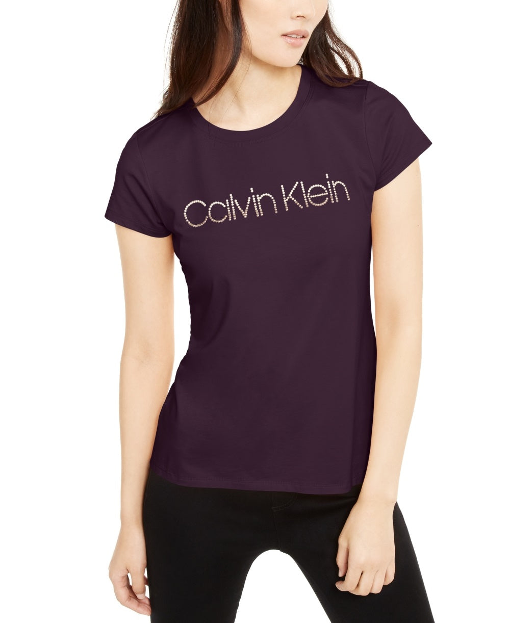 Camiseta Calvin Klein Feminina com Logo Cravejado Roxa Tamanho XG