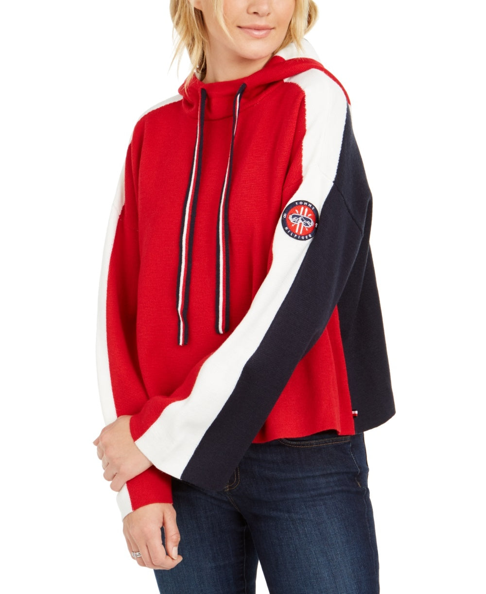 Tommy Hilfiger Women's Printed Long Sleeve Crew Neck Hoodie Top Red Size Medium