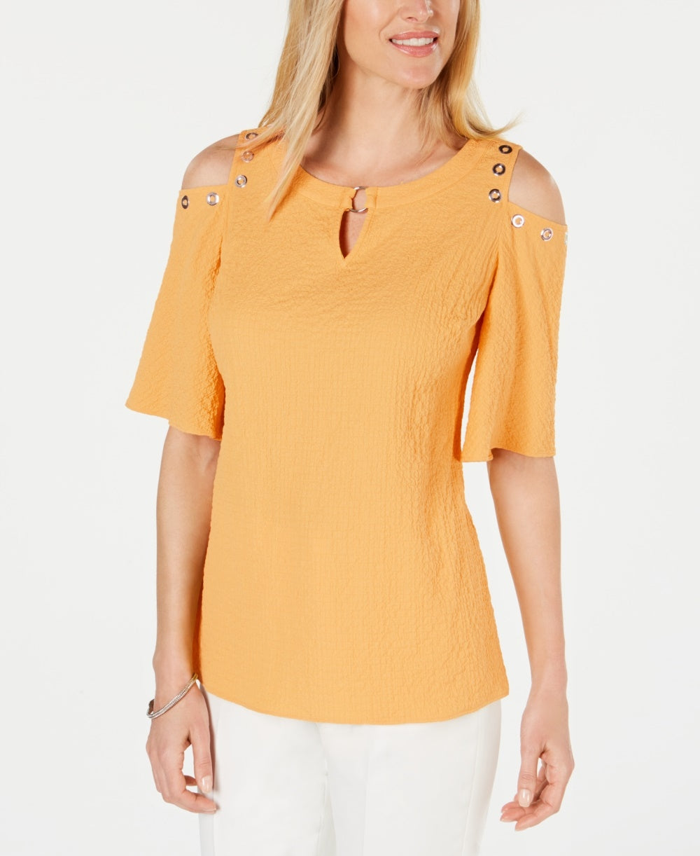 Blusa feminina com textura amassada e ombros descobertos, amarela, tamanho extrapequeno, da coleção JM