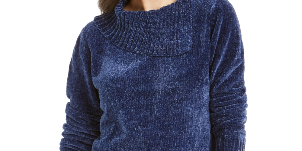 Karen Scott Suéter Feminino Petite Gola Envelope Chenille Azul Tamanho Petit