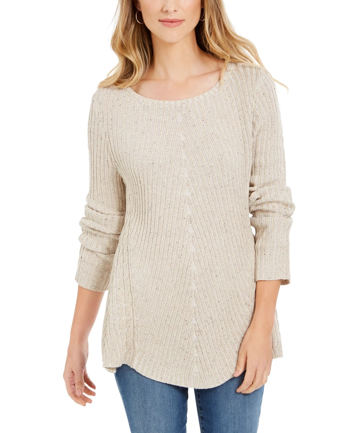 Camiseta feminina texturizada com manchas e gola redonda, bege, tamanho P