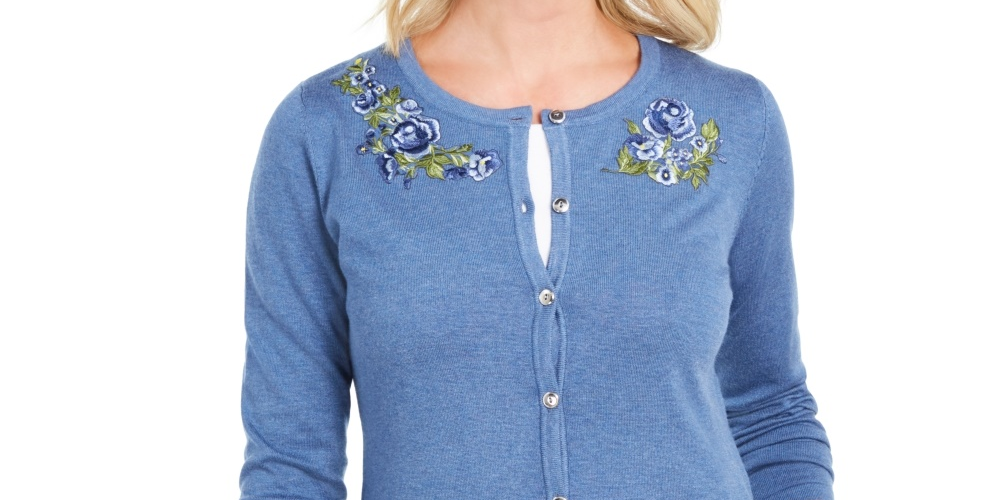 Karen Scott Cardigan Feminino Pequeno Bordado Floral Azul PS