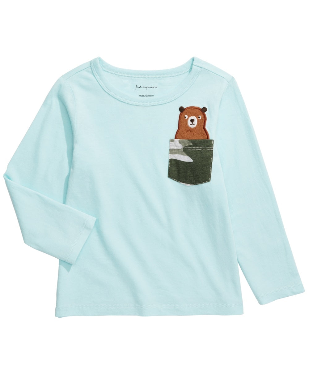 Camiseta infantil de algodão com bolso de urso de pelúcia First Impressions, tamanho 2T, azul