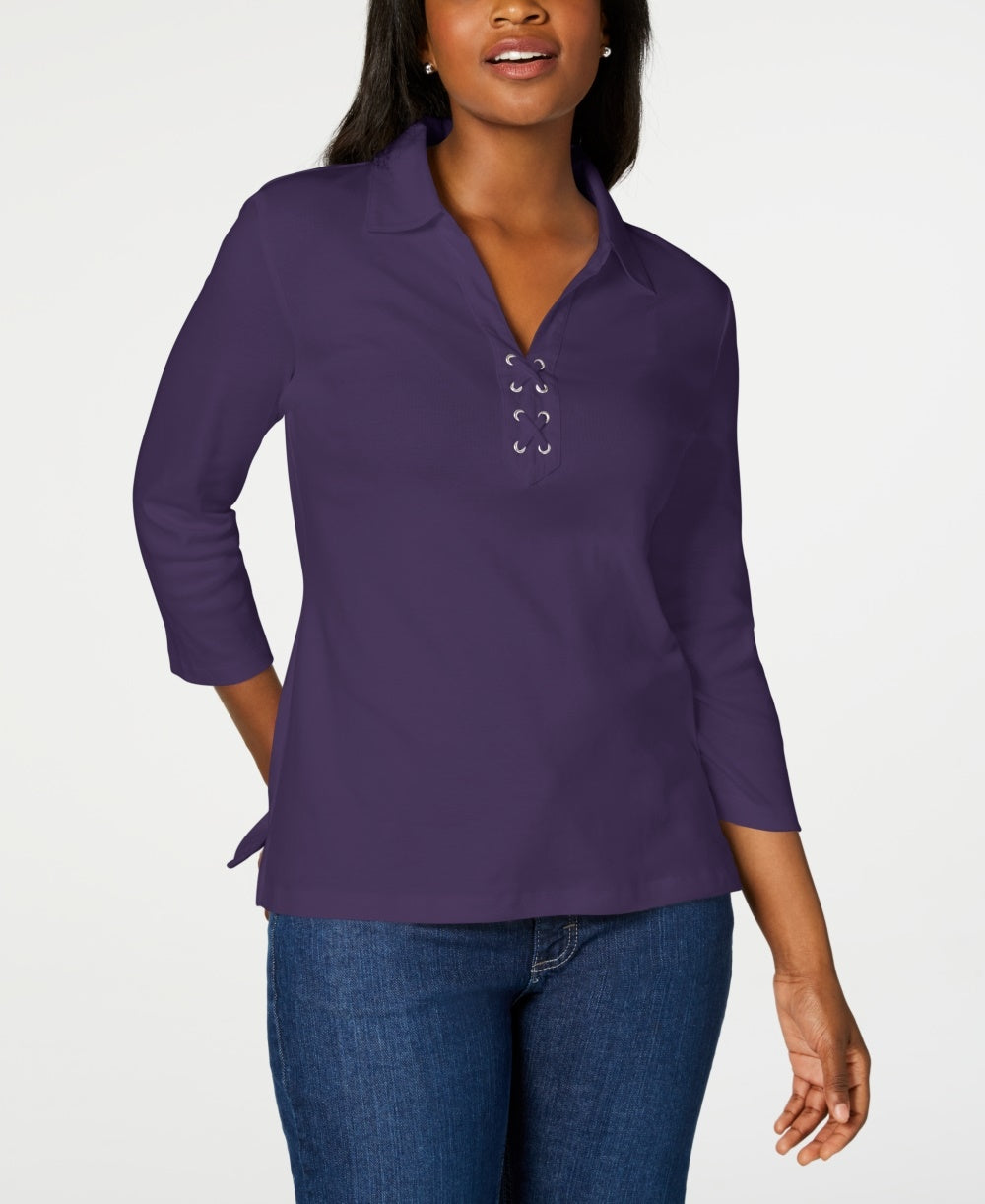 Camisa feminina Karen Scott de algodão com cadarço, roxa, tamanho X-S