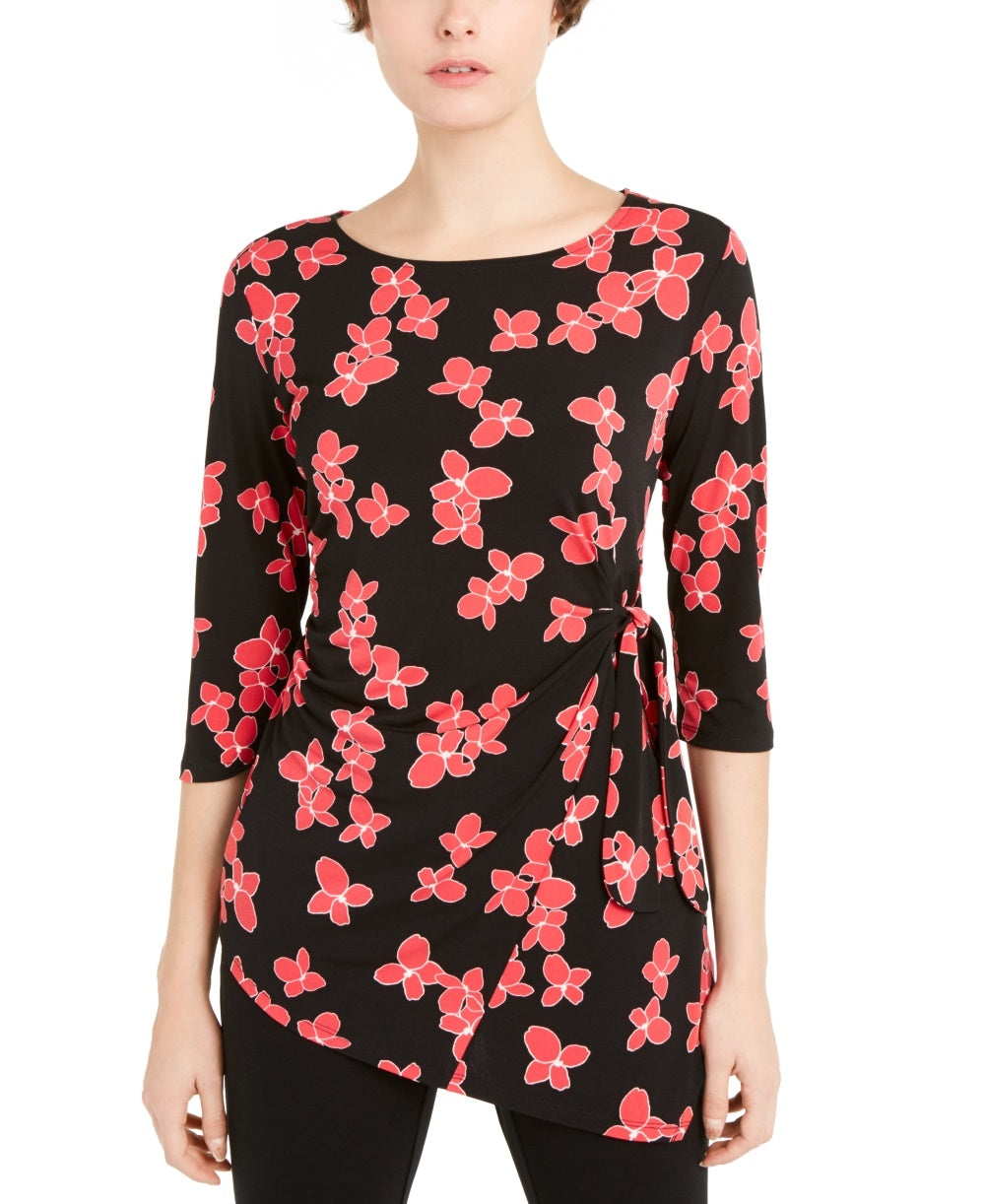 Blusa feminina Alfani com estampa floral e amarração lateral, preta, tamanho pequeno, extragrande