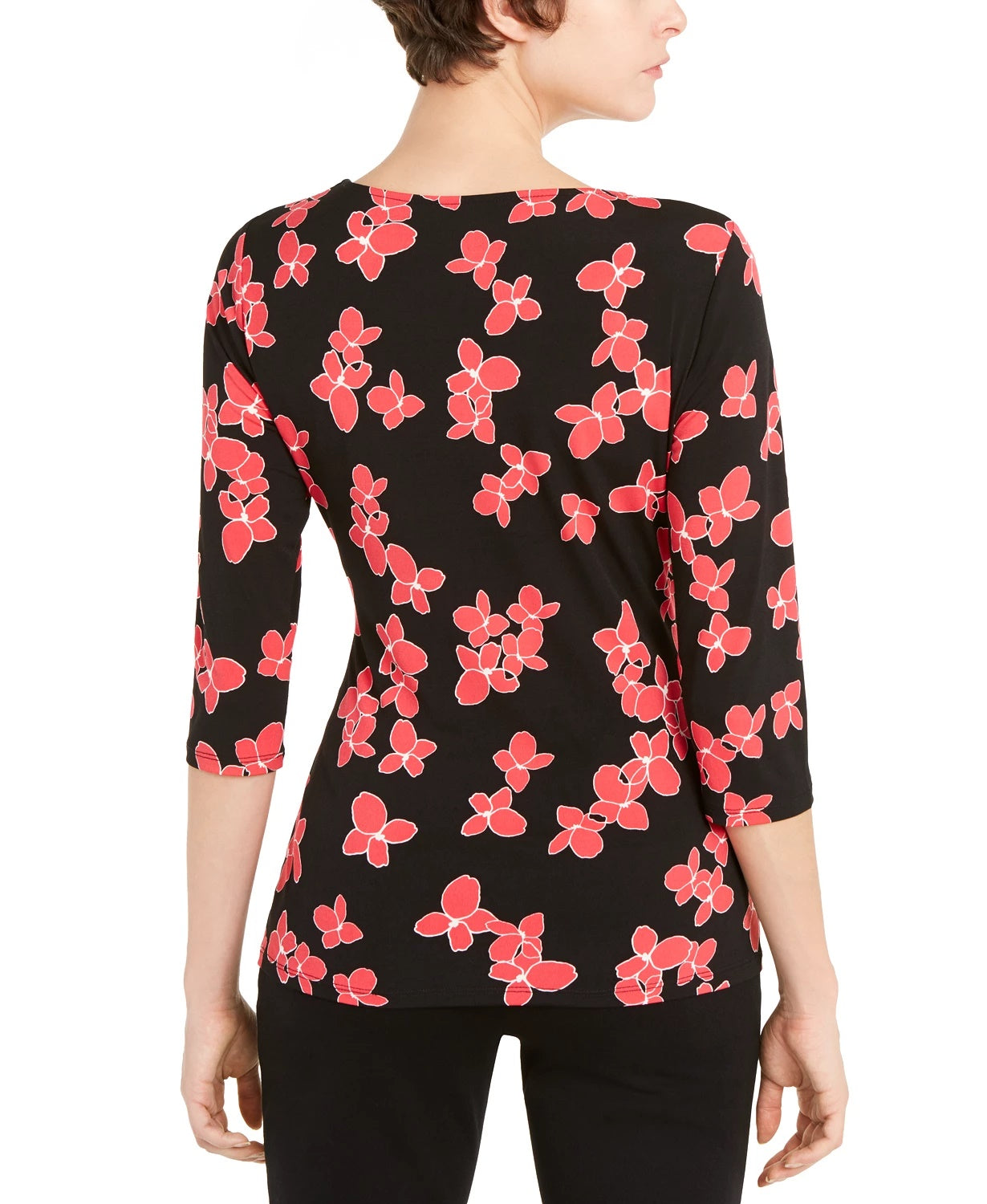 Blusa feminina Alfani com estampa floral e amarração lateral, preta, tamanho pequeno, extragrande