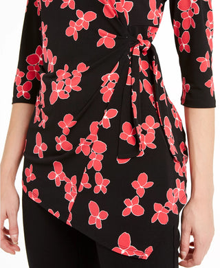 Blusa feminina Alfani com estampa floral e amarração lateral, preta, tamanho pequeno, extragrande