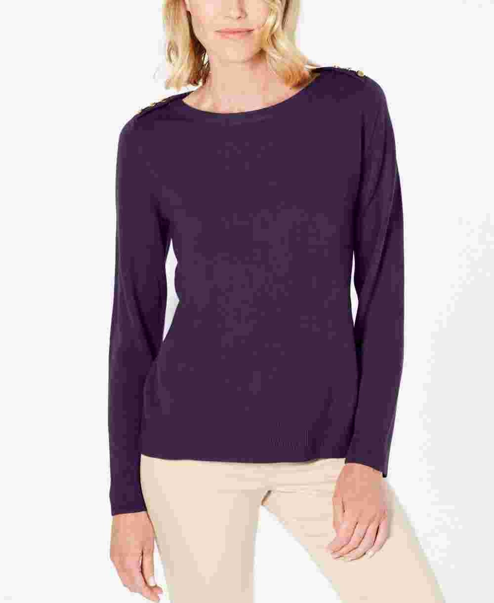 Blusa feminina Karen Scott lisa, manga comprida, gola redonda, roxa, tamanho pequeno grande