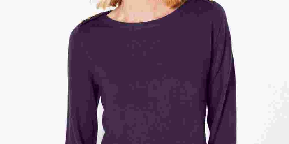 Blusa feminina Karen Scott lisa, manga comprida, gola redonda, roxa, tamanho pequeno grande