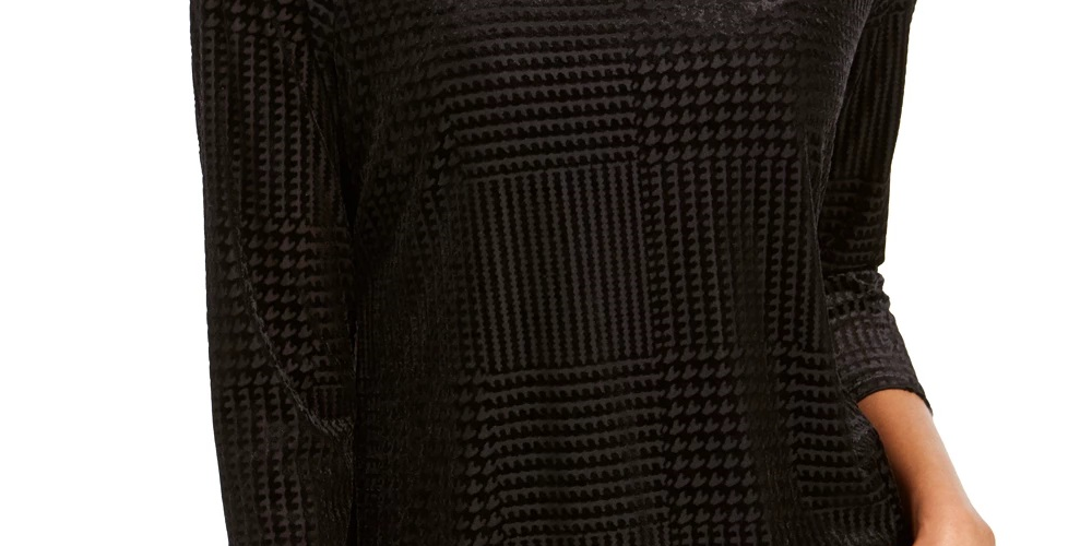 Blusa feminina estampada de manga comprida e gola canoa Charter Club, preta, tamanho PL