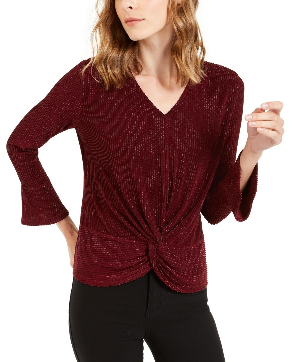 Blusa feminina Alfani com listras metálicas e nó frontal, vermelha, tamanho pequeno, extragrande