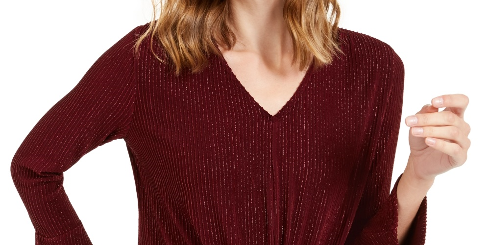 Blusa feminina Alfani com listras metálicas e nó frontal, vermelha, tamanho pequeno, extragrande