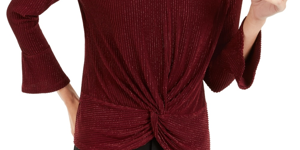 Blusa feminina Alfani com listras metálicas e nó frontal, vermelha, tamanho pequeno, extragrande