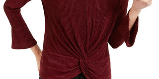 Blusa feminina Alfani com listras metálicas e nó frontal, vermelha, tamanho pequeno, extragrande