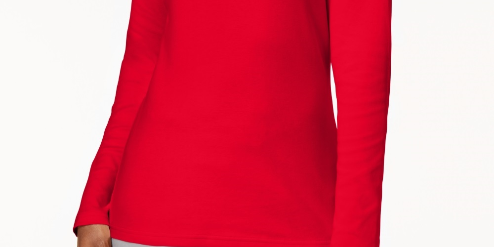 Karen Scott Blusa de algodão com gola alta e manga comprida feminina, vermelha, tamanho PL