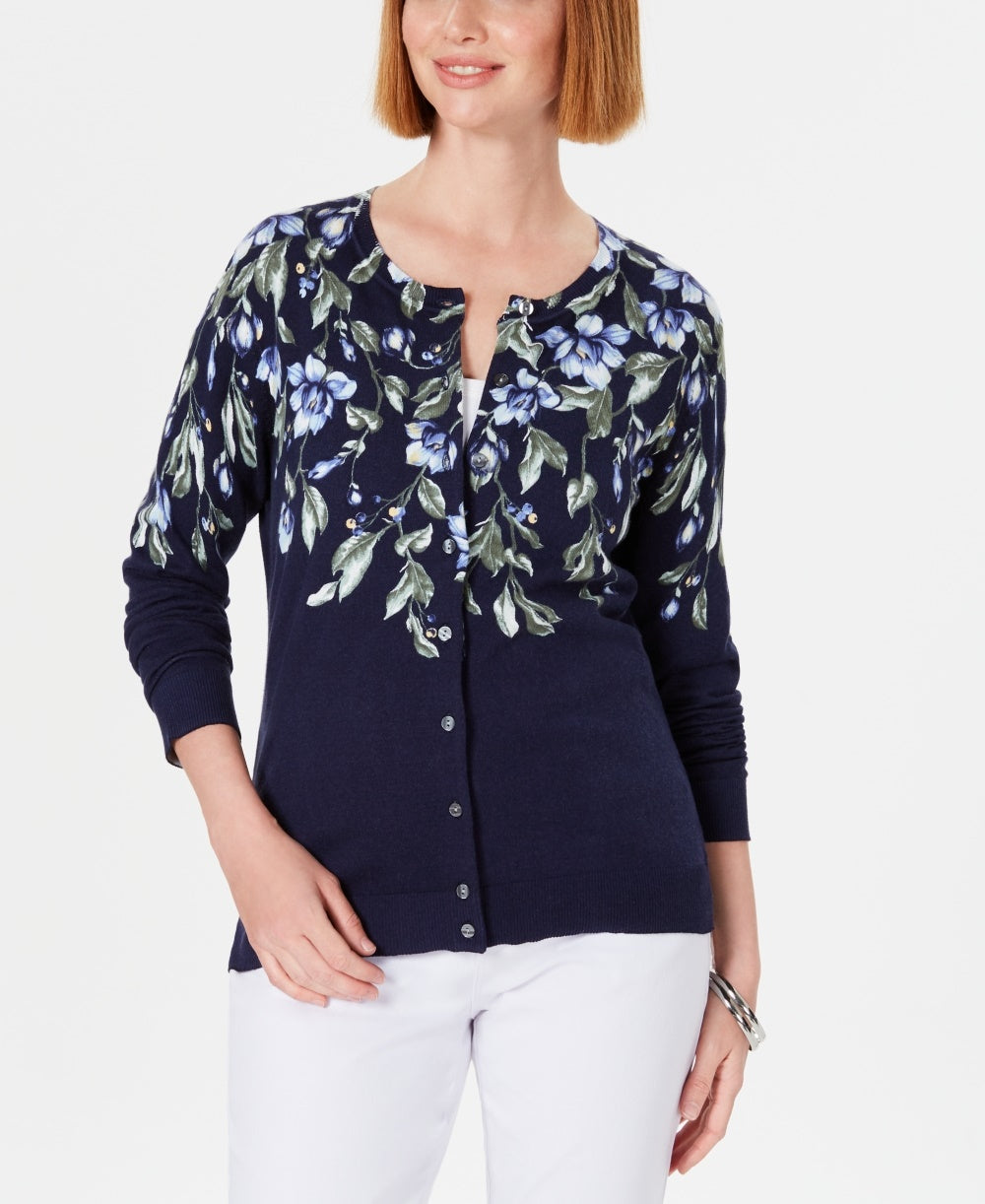 Karen Scott Cardigan feminino com estampa floral, azul-marinho, tamanho extrapequeno