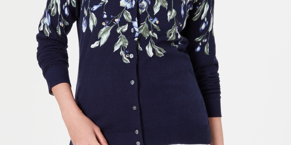 Karen Scott Cardigan feminino com estampa floral, azul-marinho, tamanho extrapequeno