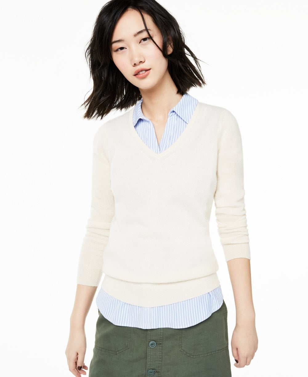Suéter de cashmere feminino com decote em V Charter Club, tamanho PL