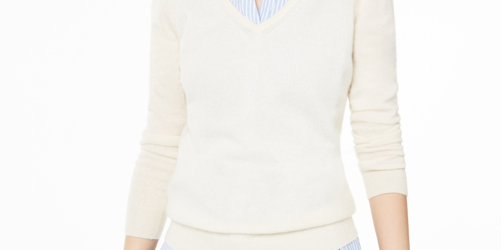 Suéter de cashmere feminino com decote em V Charter Club, tamanho PL