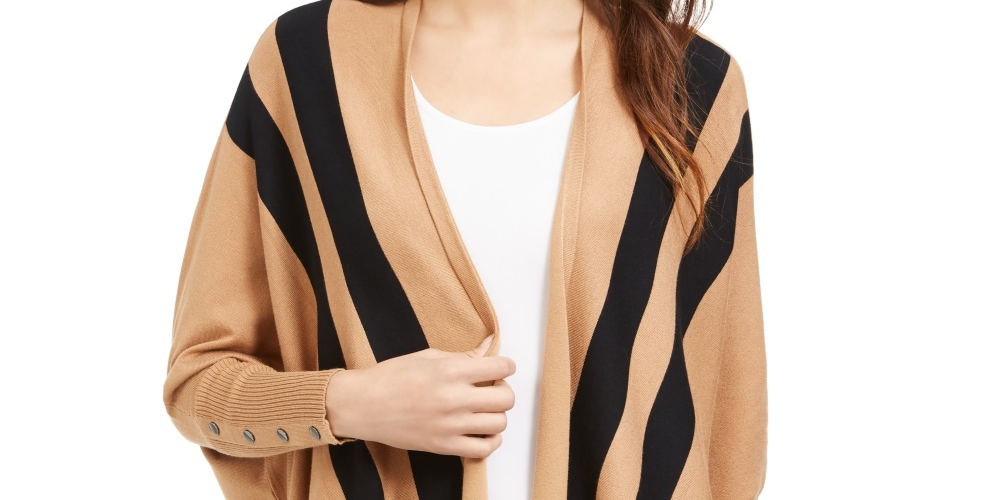 Cardigan feminino Alfani listrado com frente aberta, bege, tamanho pequeno, extragrande