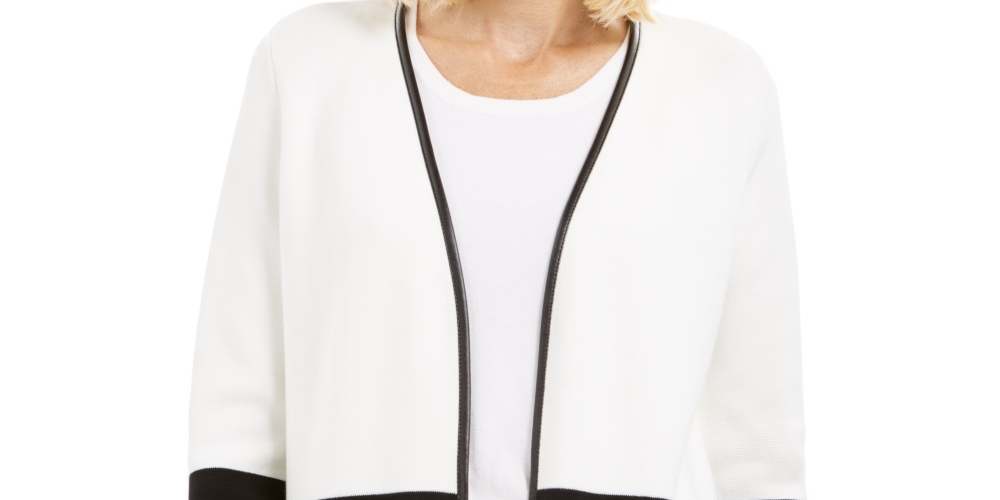 Cardigan feminino Charter Club Petite com acabamento em couro sintético e blocos de cores, branco, tamanho pequeno extragrande
