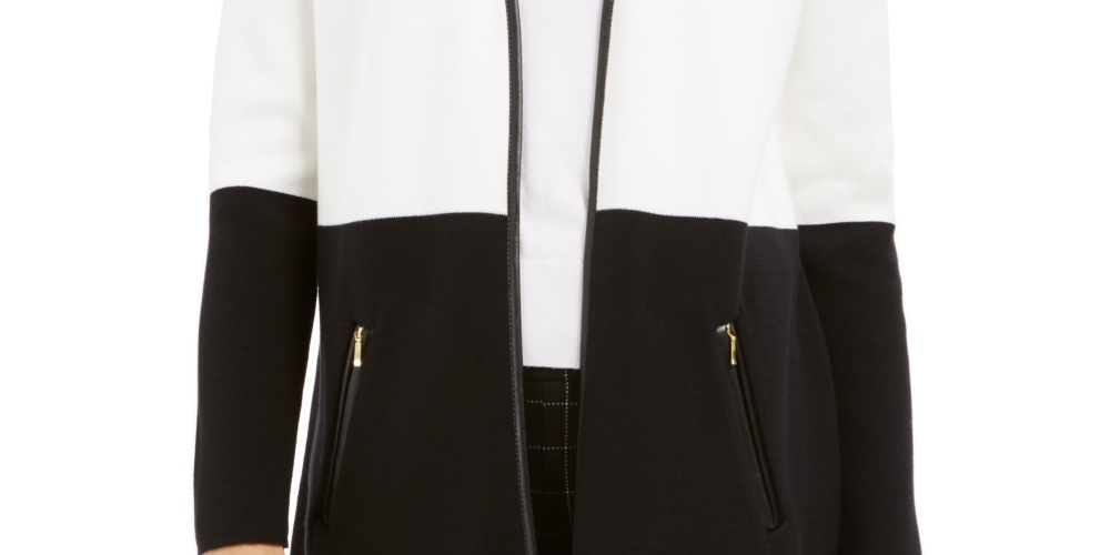 Cardigan feminino Charter Club Petite com acabamento em couro sintético e blocos de cores, branco, tamanho pequeno extragrande