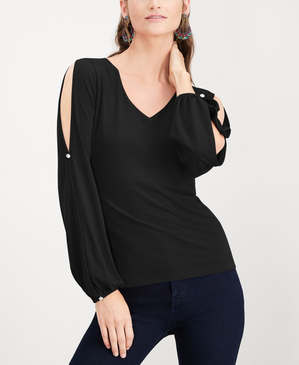 Blusa feminina INC International Concepts com mangas divididas e botões de strass, preta, tamanho pequeno e pequeno