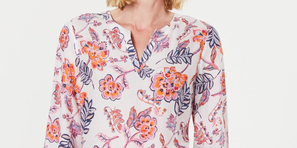 Túnica feminina com estampa floral dupla Charter Club, branca, tamanho pequeno e pequeno