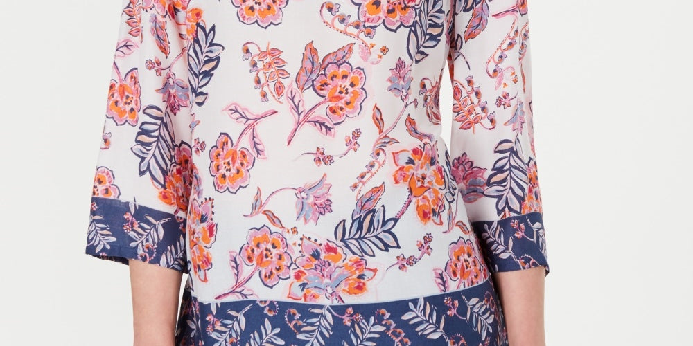 Túnica feminina com estampa floral dupla Charter Club, branca, tamanho pequeno e pequeno