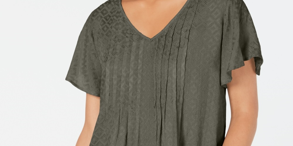 Blusa texturizada com mangas esvoaçantes Style &amp; Co feminina, verde, tamanho pequeno