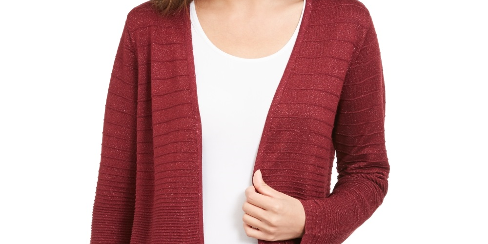 Cardigan feminino Alfani com ponto lurex vermelho, tamanho pequeno médio