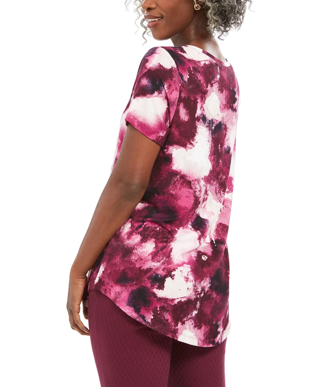 Top feminino com decote redondo e estampa de tinta JM Collection, rosa, tamanho pequeno
