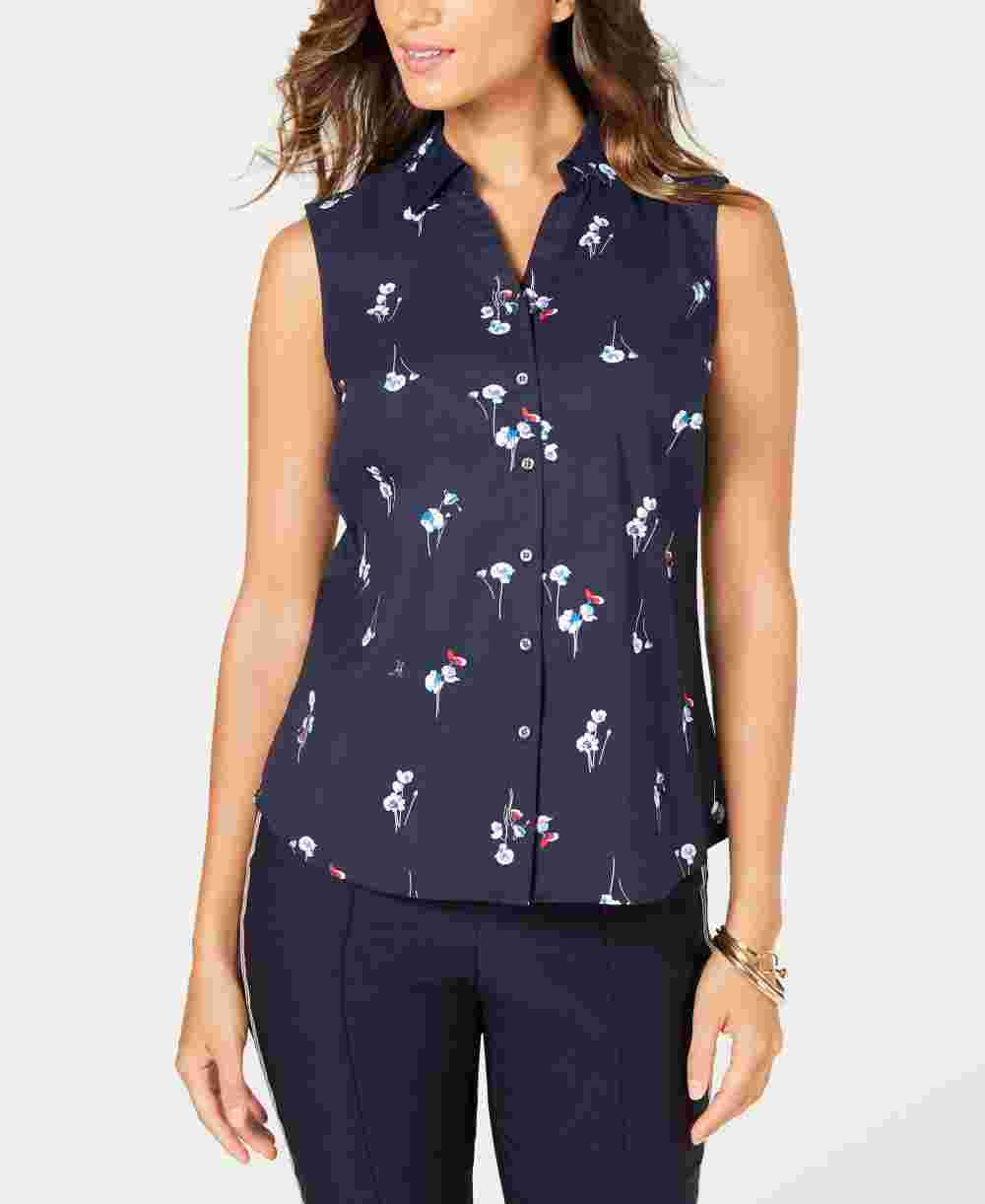 Camisa feminina pequena com estampa floral Charter Club azul tamanho 14 P