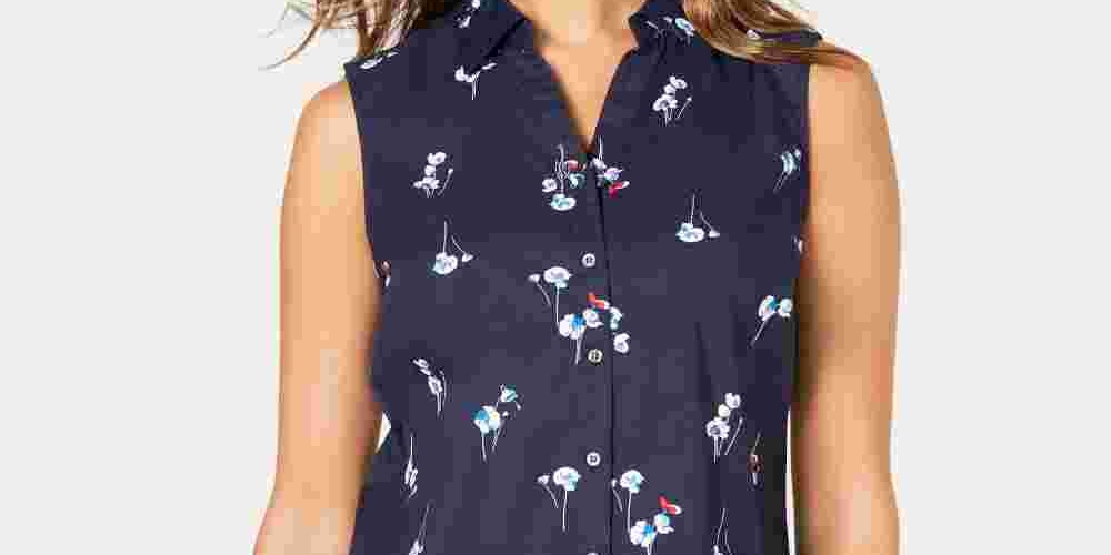 Camisa feminina pequena com estampa floral Charter Club azul tamanho 14 P