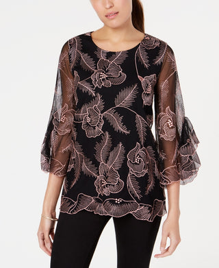 Alfani Petite Top bordado com mangas bufantes, rosa, tamanho pequeno, extragrande