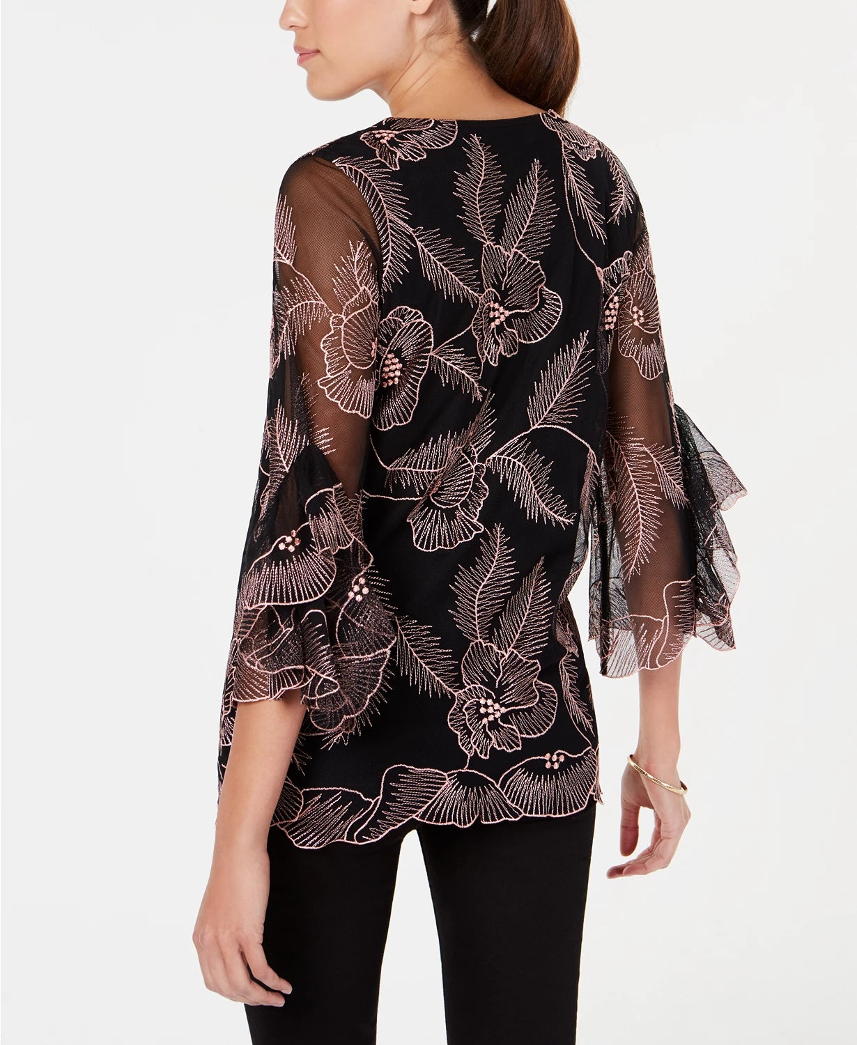 Alfani Petite Top bordado com mangas bufantes, rosa, tamanho pequeno, extragrande