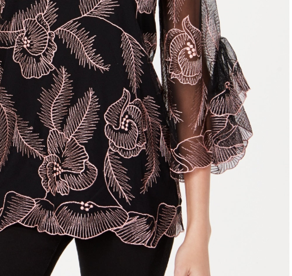 Alfani Petite Top bordado com mangas bufantes, rosa, tamanho pequeno, extragrande