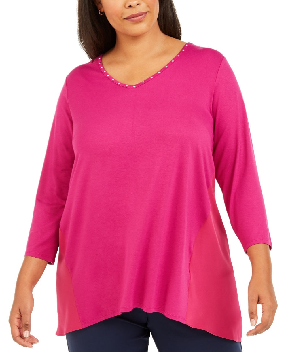 JM Collection Top Feminino Plus Size com Tachas e Mídias Mistas Rosa Tamanho 0X