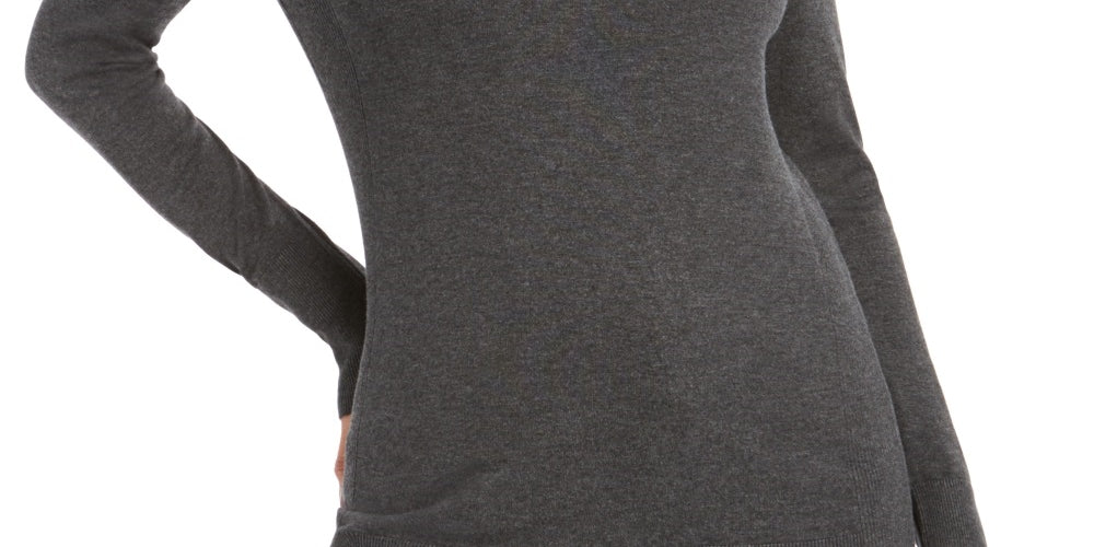 Suéter feminino JM Collection com punho de botão e gola redonda, cinza, tamanho pequeno