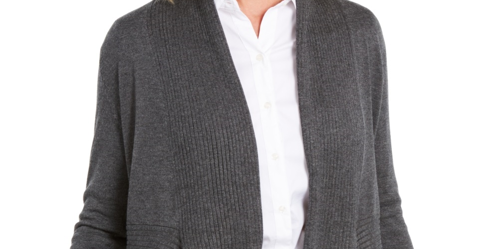 Cardigan feminino canelado com bainha de lenço JM Collection, cinza, tamanho pequeno
