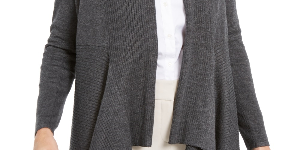 Cardigan feminino canelado com bainha de lenço JM Collection, cinza, tamanho pequeno