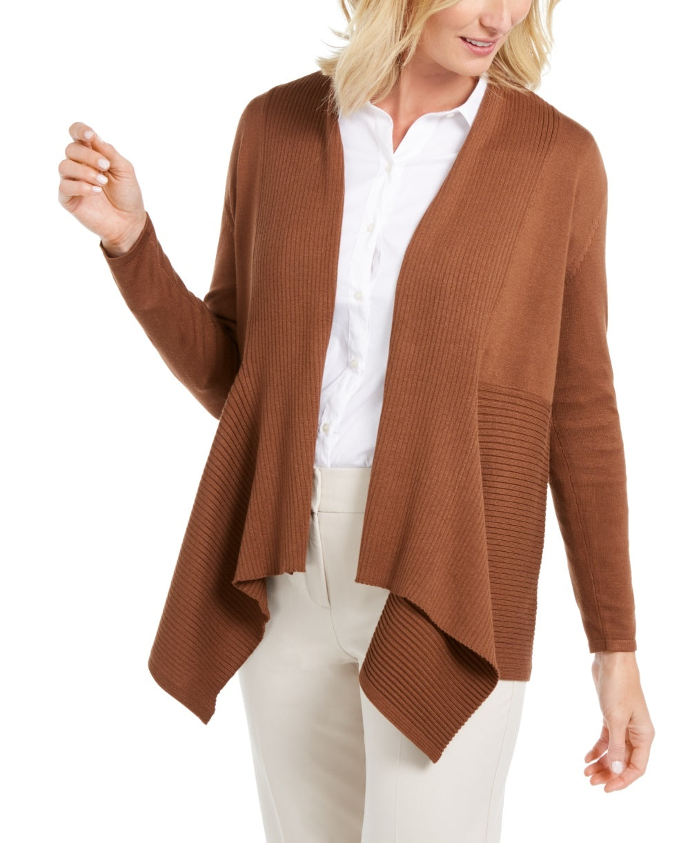 Cardigan feminino JM Collection Petite com nervuras mistas e plissado, marrom, tamanho pequeno médio