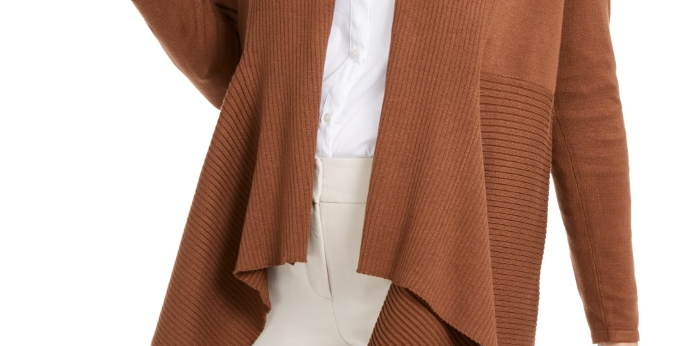 Cardigan feminino JM Collection Petite com nervuras mistas e plissado, marrom, tamanho pequeno médio