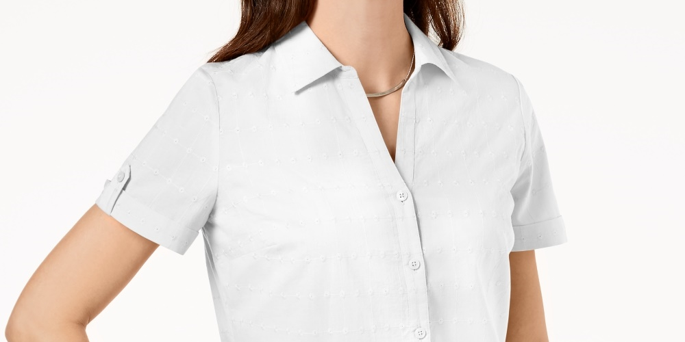 Camisa feminina Karen Scott de algodão com ilhós, branca, tamanho P