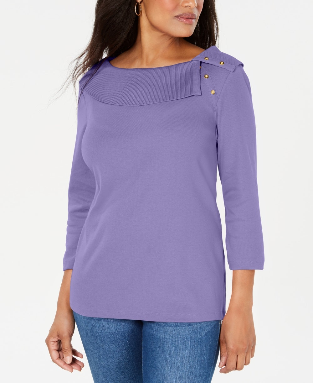 Blusa feminina Karen Scott de algodão com gola xale e botões, roxa, tamanho XX-G