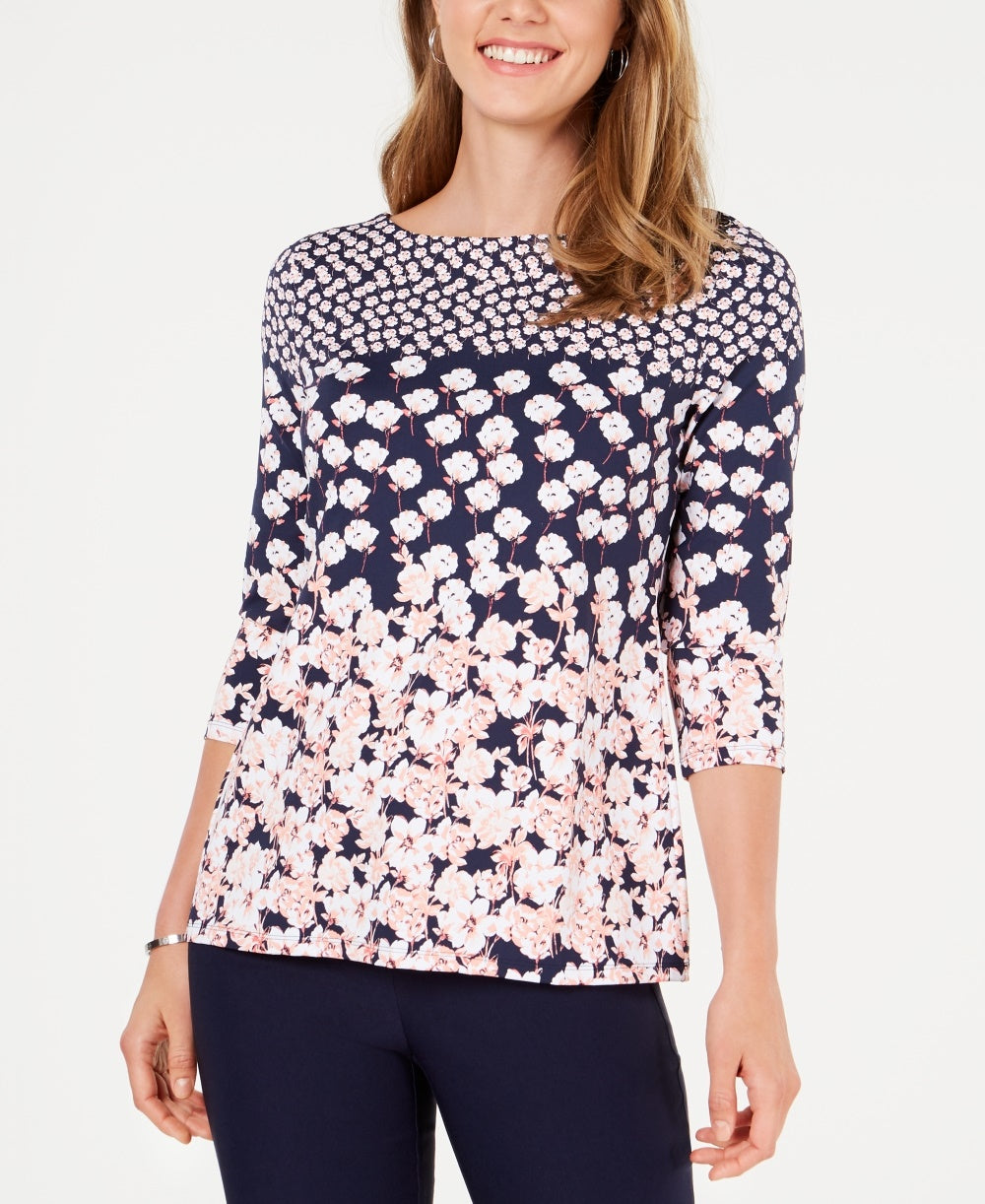 Charter Club Blusa feminina com estampa floral e decote canoa, azul, tamanho extragrande