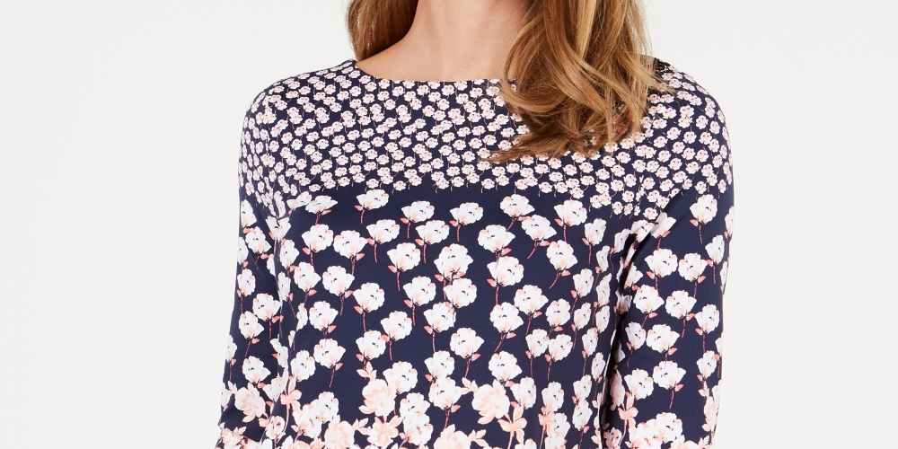 Charter Club Blusa feminina com estampa floral e decote canoa, azul, tamanho extragrande