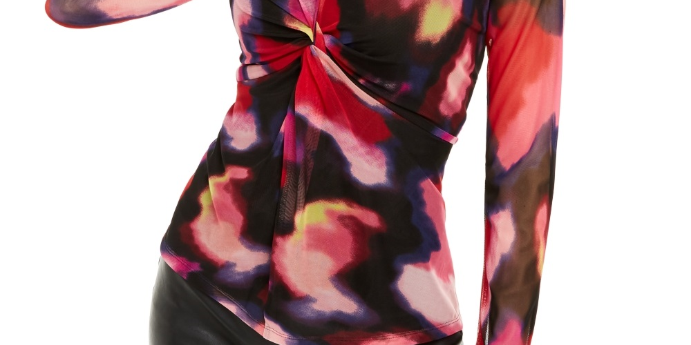 INC International Concepts Top feminino estampado com frente torcida, preto, tamanho pequeno e pequeno