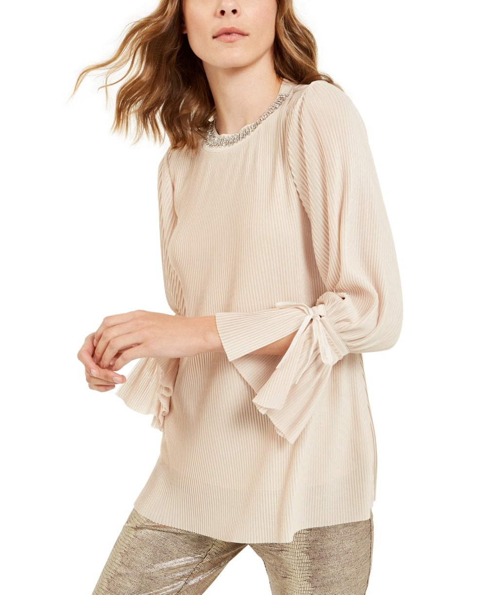 Blusa feminina Alfani com listras texturizadas e decote embelezado, bege, tamanho P